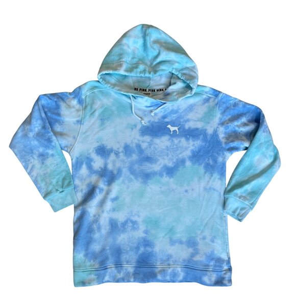 Victoria's Secret PINK Sz Medium Campus Funnel Neck Pullover Hoodie Blue Tie-Dye - Picture 4 of 14